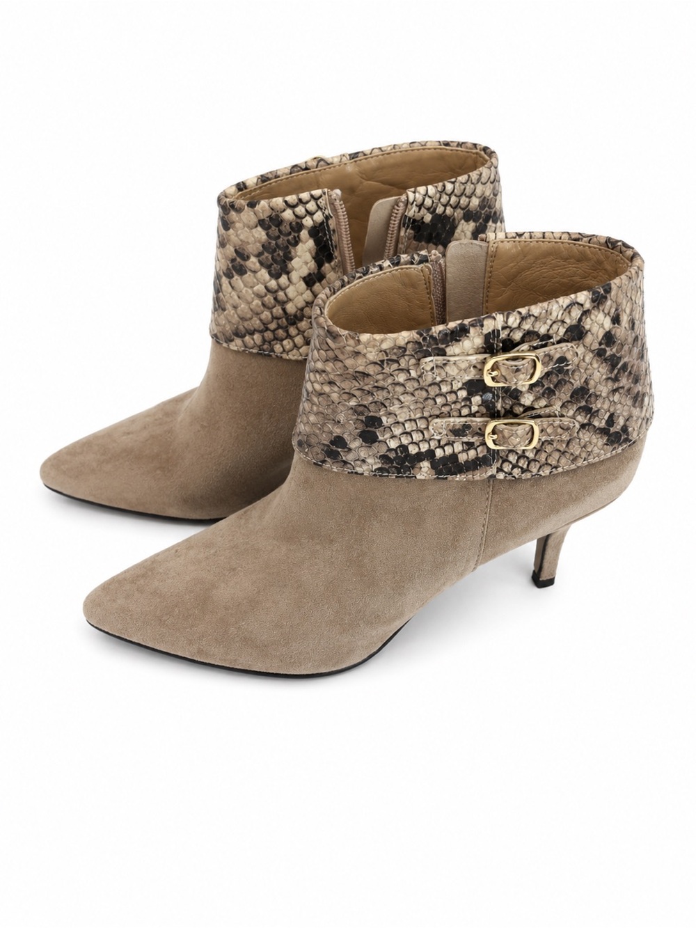 Vaneli Taupe Suede Ankle Boots with Snake-Print Cuff CT